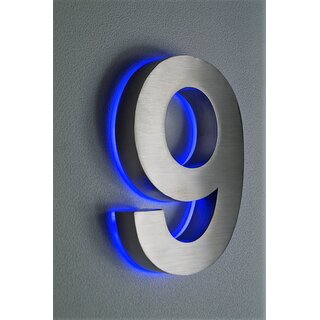 LED-Hausnummer 9 Edelstahl H18 cm blaue Beleuchtung  DC12Volt  ohne Trafo