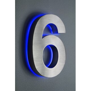 LED-Hausnummer 6 Edelstahl H18 cm blaue Beleuchtung  DC12Volt  ohne Trafo